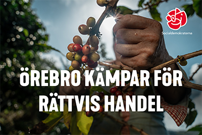 Bild på ett par händer som plockar kaffebönor. På bilden står det Örebro kämpar för rättvis handel. I högra hörnet är Socialdemokraternas logga.